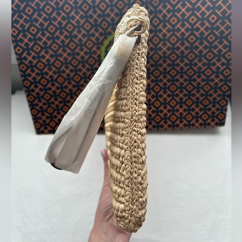 Tory Burch Thea Raffia Pouch Wristlet Bag Coffee Cream - Picture 4 of 11